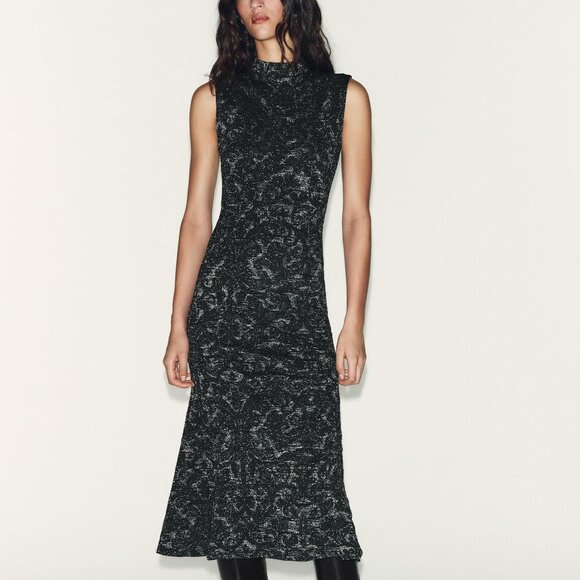 Zara Dresses & Skirts - Zara Metallic Thread Jaquard Sleeveless Midi Dress Silver Black A-line Mock Neck
